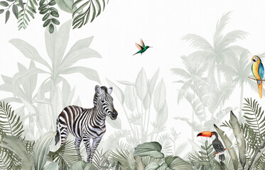 Minimalist Wildlife Mural: Gentle Zebra, Birds in Soft Green Tropical Forest © csinie1