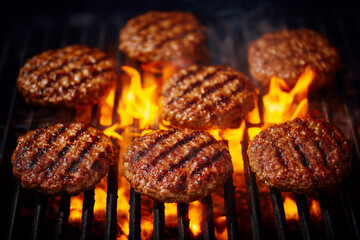 Multiple beef burger patties grilling over open flame with intense fire and charred grill marks