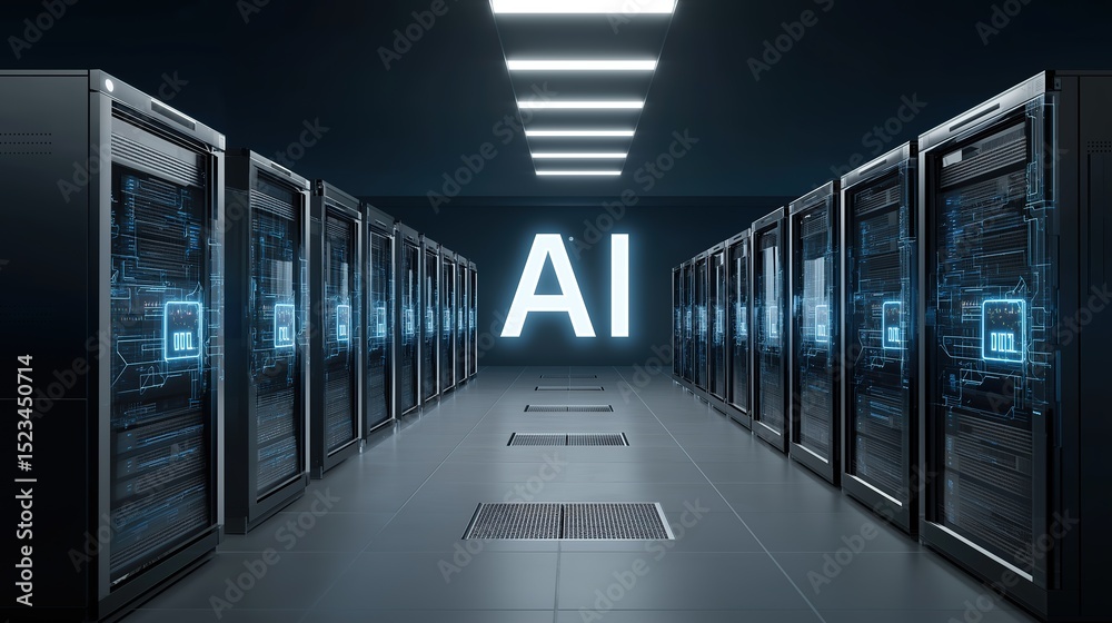Aufkleber high-tech ai data center with computer arrays and floating ai emblem, designed for big data analytic