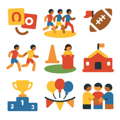 Sports day icons featuring various school carnival activities, ideal for educational presentations, posters, flyers, and digital designs for schools.