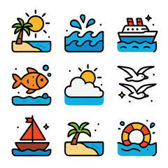 Sea day icons depict nine summer icons for your design projects.