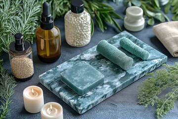 Eco-Friendly Home Spa Serenity. Natural Beauty with Aromatherapy and Essential Oils for Relaxation, Organic Skincare, and Mint Green Aesthetic Arrangement