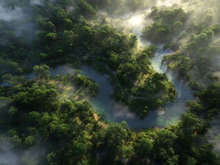 Obraz premium River bends through lush green forest aerial view