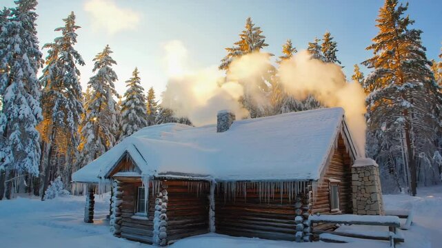 a wooden cabin covered in snow, nestled among snow-laden pine trees under a clear sky. Smoke rises from its chimneys, and icicles hang from the eaves
