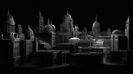 Black and White 3D Cityscape at Urban Skyline Silhouettes