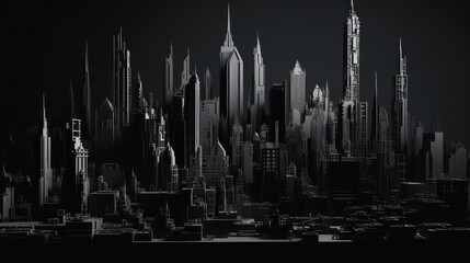 Black and White 3D Cityscape at Urban Skyline Silhouettes