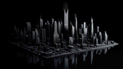 Black and White 3D Cityscape at Urban Skyline Silhouettes