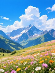Vibrant Wildflower Meadow at the Foot of Snow-Capped Mountains