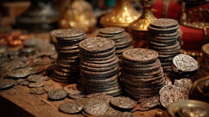Antique coins stacked on wooden table