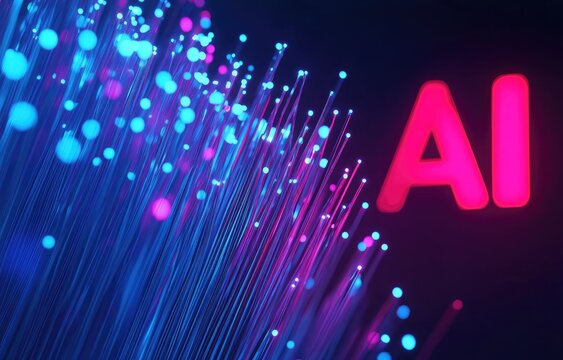 Abstract light strands with soft focus and blurred background alongside "AI" text