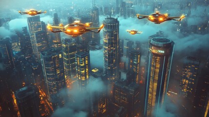 Obraz premium Futuristic city skyline with drones flying over illuminated skyscrapers