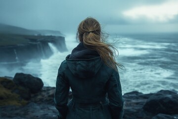 Stormy Ocean Cliffs. Adventurous Female in a Windy Coastal Landscape