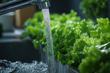 Fresh, Organic Lettuce Washing. Healthy, Eco-Friendly Food Preparation in the Kitchen