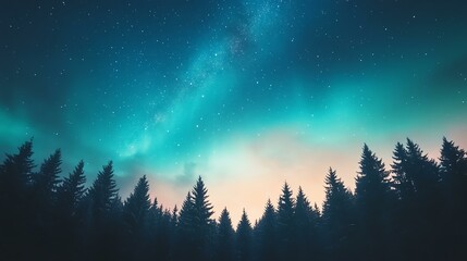 Fototapeta premium A breathtaking night sky filled with stars and the vibrant colors of the aurora borealis over a silhouette of tall pine trees.