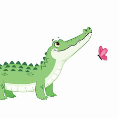 Obraz premium Cute cartoon alligator looking up at a pink butterfly. The alligator is smiling and friendly-looking. Isolated on a white background.
