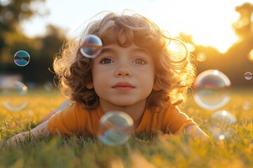 Joyful Child's Outdoor Adventure with Bubbles in the Golden Hour Sunlight