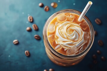 Indulgent Iced Coffee in Glass Jar - Creamy Cold Brew with Whipped Cream and Rustic Cafe Style