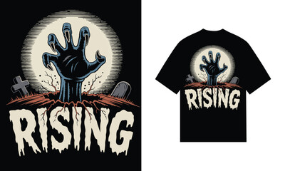 Obraz premium Zombie hand rising from grave halloween tshirt design