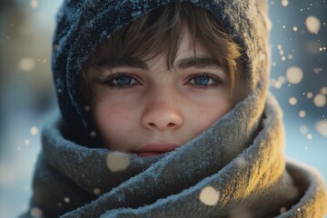 Cute Winter Child Portrait with Scarf and Hat in Snow - Adorable Close-Up with Soft Focus and Neutral Expression
