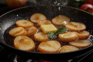 Delicious Caramelized Apple Skillet Dessert. Healthy Vegetarian Comfort Food Recipe with Sweet and Savory Gourmet Flavors