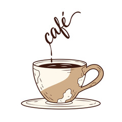 Hand-drawn coffee cup with stylish café text rising like steam, artistic vintage design perfect for coffee shop logos, drink branding, or cozy café promotional materials.