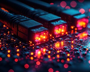 Close-up of network cables on circuit board, glowing red lights