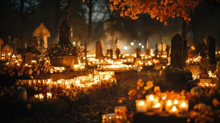Evocative remembrance night scene in aged cemetery illuminated by candlelight