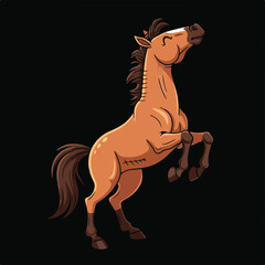Fototapeta premium Cartoon horse, light brown, rearing up. Mane and tail are dark brown. Eyes are closed, expression is happy. Isolated against black background.