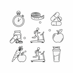 Outlined icons related to fitness and healthy lifestyle; including running on a treadmill, fruit, pills, a measuring tape, and a stopwatch.