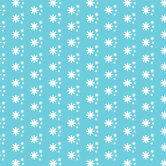 A cheerful and festive seamless pattern featuring white snowflakes and tiny stars or dots against a bright light blue background