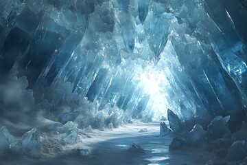 Ice Cave with Crystalline Formations and Light - obrazy, fototapety, plakaty