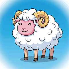 Fototapeta premium A cute cartoon ram with fluffy white wool, pink face, and curved horns stands on a light blue gradient background. It looks friendly and happy.
