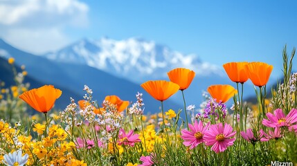 Obraz premium Colorful Wildflower Meadow with Orange Poppies and Snowy Mountain Backdrop under Blue Sky