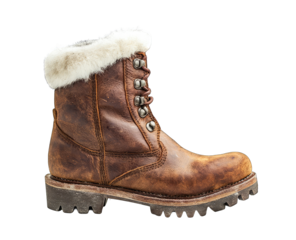 Side view of a brown leather winter boot with faux fur cuff