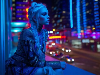 Obraz premium Woman with braids in city lights at night