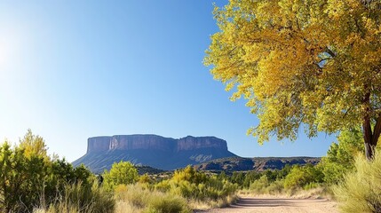 Scenic Mountain Vista: A breathtaking vista unfolds as a majestic mountain range rises in the distance, framed by a vibrant tree, a dirt path beckons to the top.