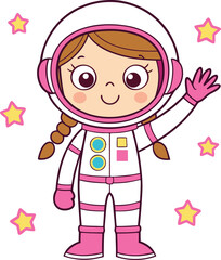 Cute girl astronaut waving in space with stars © LailaArtworks
