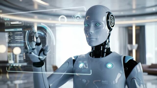 Futuristic robot with blue lights in modern living room interior