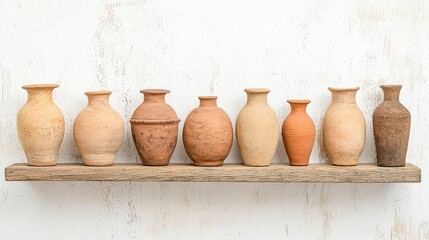 Ancient Pots on a Shelf: An eye-level shot reveals a row of aged clay pots gracefully aligned on a rustic wooden shelf, mounted against a subtly textured backdrop. Capturing a sense of history.