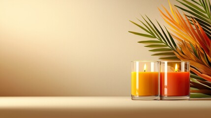 Candlelight Ambiance: Two vibrant candles in glass holders and tropical leaves create a serene, warm ambiance with soft light, perfect for relaxation and a sense of peace.