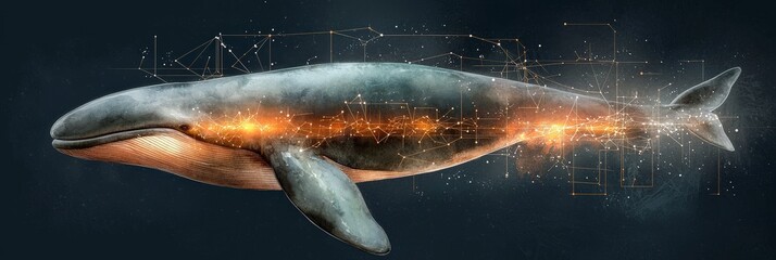 Digital Whale: A majestic whale is transformed into a mesmerizing digital artwork, with glowing lines and interconnected networks forming a beautiful juxtaposition of nature and technology. 