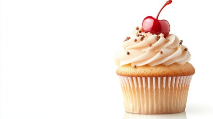 Vanilla Cupcake with Cherry: A delightful vanilla cupcake, topped with creamy frosting and a glistening cherry, sits on a white background.