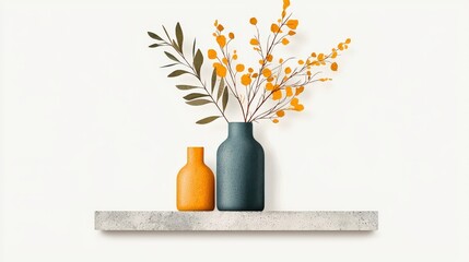 Botanical Elegance: A stylish display of orange and green bottles, arranged on a simple grey shelf, capturing the freshness and serenity of natural elements, in a minimalist setting.