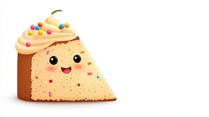 Slice of Cake Bliss: This delectable cake slice illustration evokes a feeling of cheerfulness with a joyful facial expression, adorned with colorful sprinkles and soft cream.