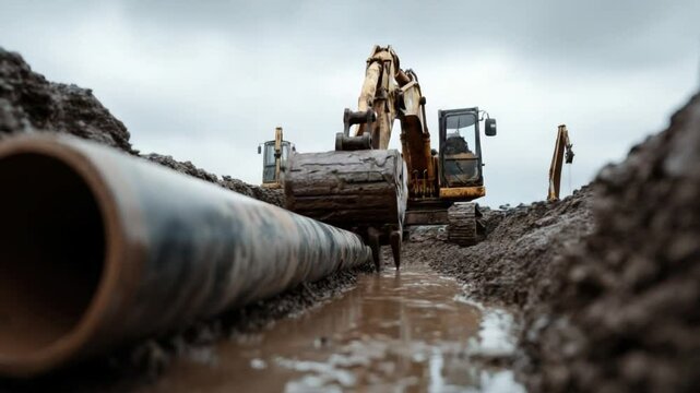 Excavator Digging Dirt at Construction Site with Pipe Laying in Progress Under Overcast Sky