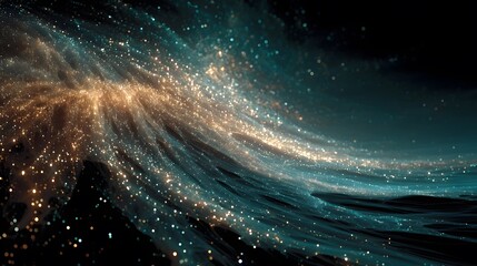 Abstract Flowing Particle Wave - Golden and Teal Sparkling Background