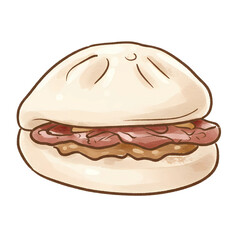 Steamed Pork Bao Bun (Baozi), Asian Street Food Watercolor Illustration