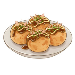 Takoyaki Balls with Sauce and Toppings, Watercolor Illustration of Japanese Street Food