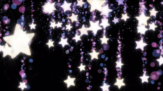 Seamless colorful glowing stars rain. Shimmering glittering particles with bokeh. Generative AI.