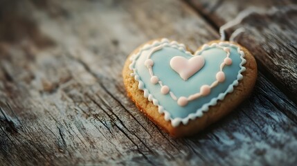 A heart shaped cookie decorated with icing placed on a wooden surface with soft lighting highlighting it